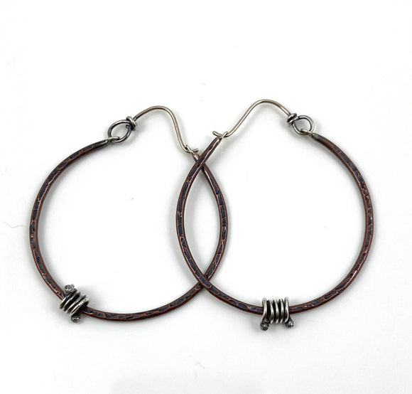 Big Hammered Copper Hoops with Silver Coil